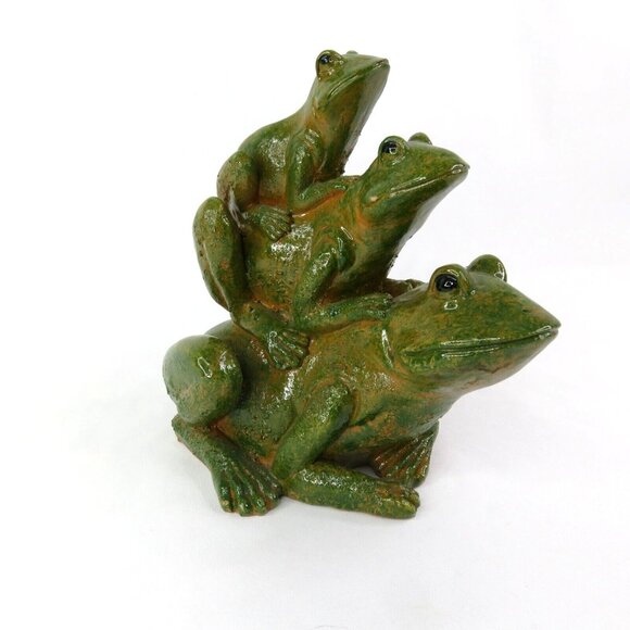 Frog Figurine 3 Stacked Green Frogs  Glazed Realistic 6" x 6" Toad - Picture 1 of 11